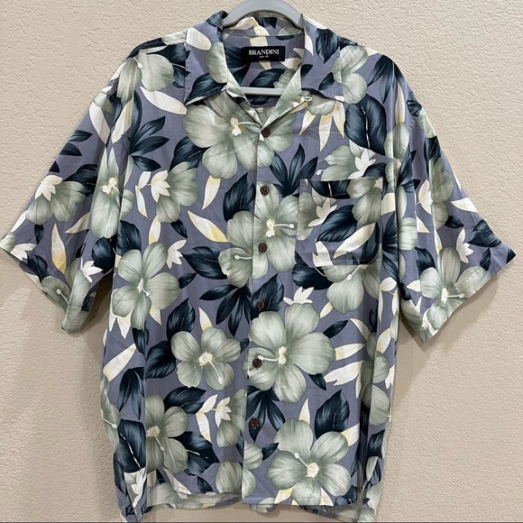 Brandini Other - Brandini Mens Size Large Short Sleeve Hawaiian Palms Tropical Shirt Silk Vacays